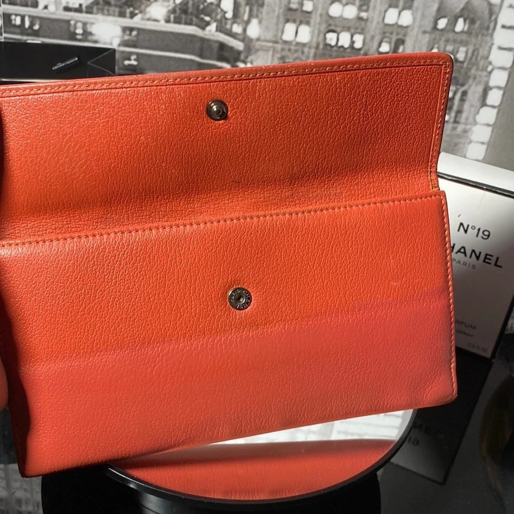 Vintage CHANEL Orange Leather Camellia Chain Wallet (2005)
